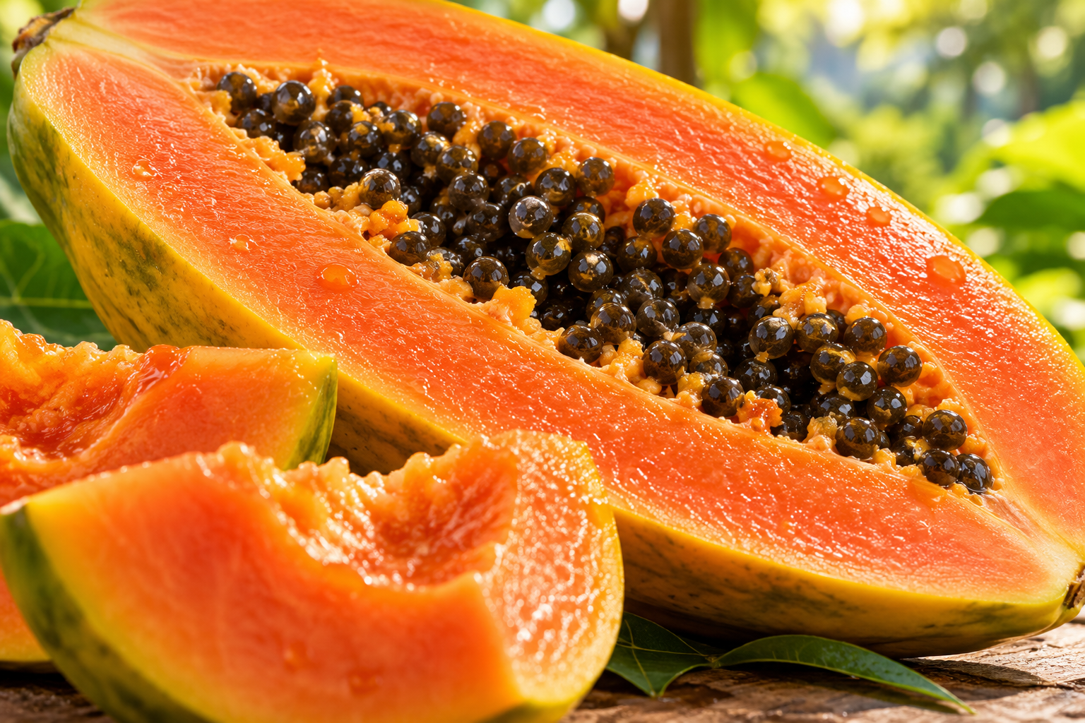 Fresh ripe papaya, shown whole and cut open
