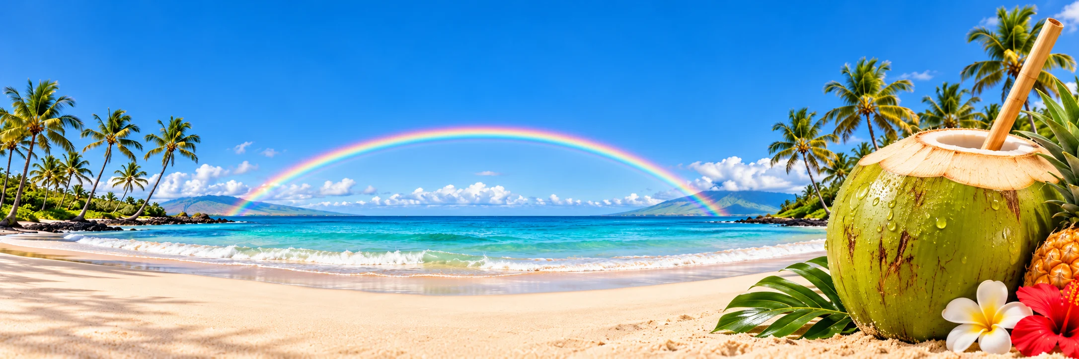 Hawaiian rainbow beach with palm trees and a close-up coconut with bamboo straw