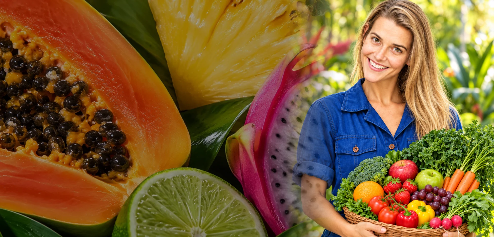 Melissa Hogg holding a harvest of fruit and vegetables amid tropical produce