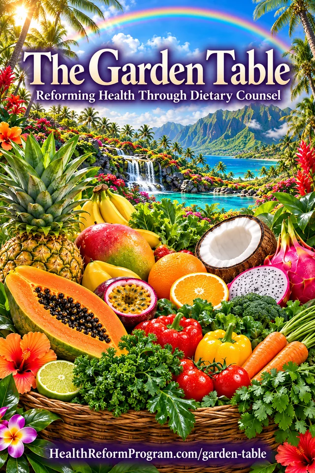 The Garden Table book cover featuring tropical fruits, vegetables, parsley, and cilantro beneath a rainbow in a Hawaiian paradise garden.