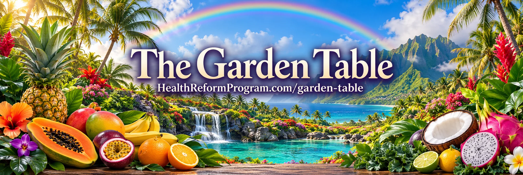 The Garden Table banner featuring tropical fruits, a rainbow, and a lush Hawaiian paradise garden