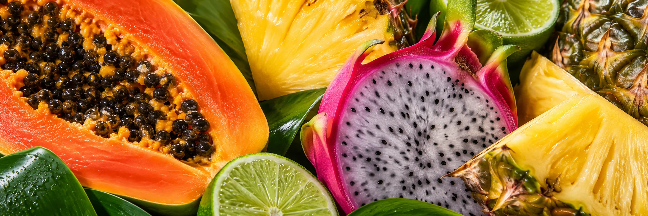 Mega close-up of papaya, dragon fruit, pineapple, and lime
